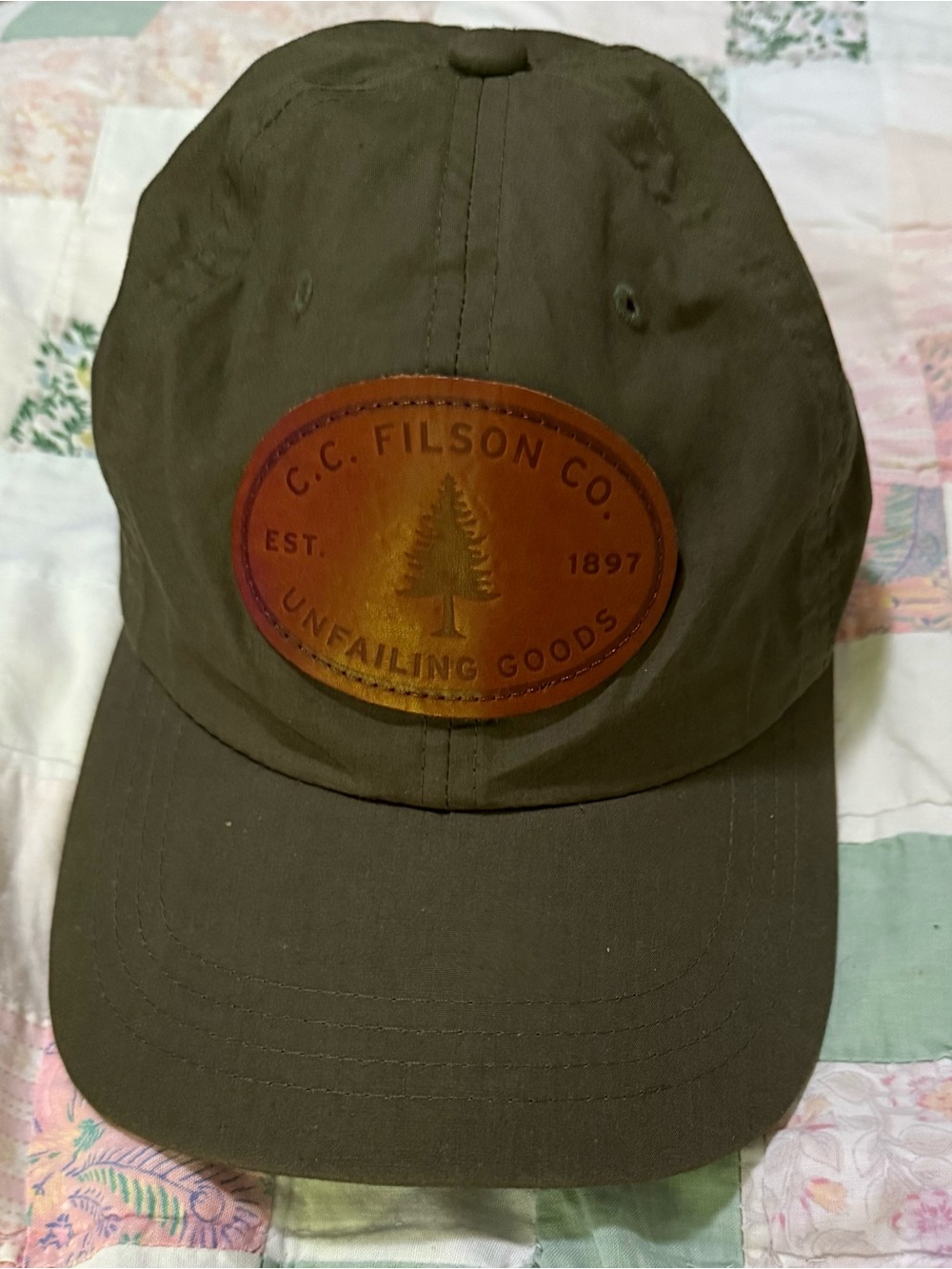 C. C. Filson Co Green Brown Mens Leather Patch Strap Back Hat
